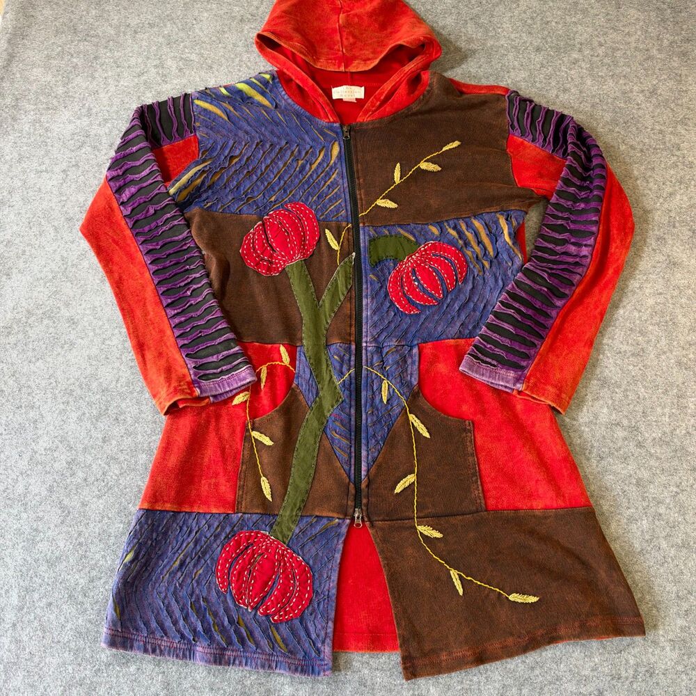 Vintage Boho Textured Patchwork Zip Front Hoodie Jacket The Collection Royal XL